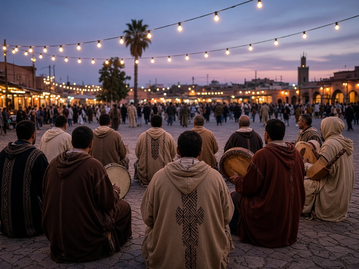 Musiciens et public sur une place, le soir